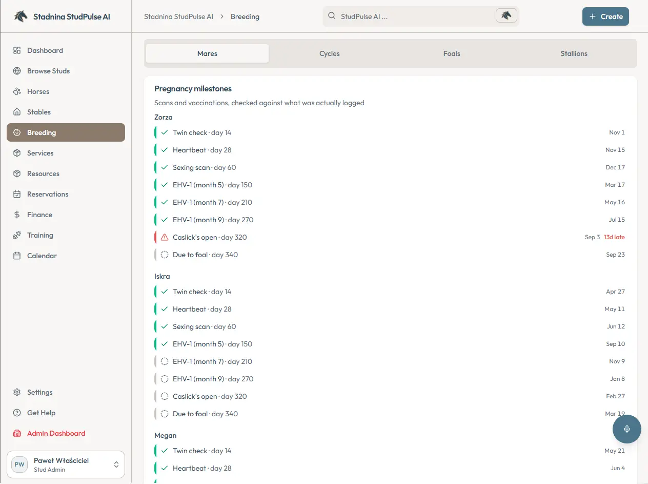The mares tab, listing each pregnancy's milestones in order — twin check, heartbeat, sexing scan, the three EHV-1 vaccinations, Caslick's and the due date — each beside the date it was logged, with one marked thirteen days late.