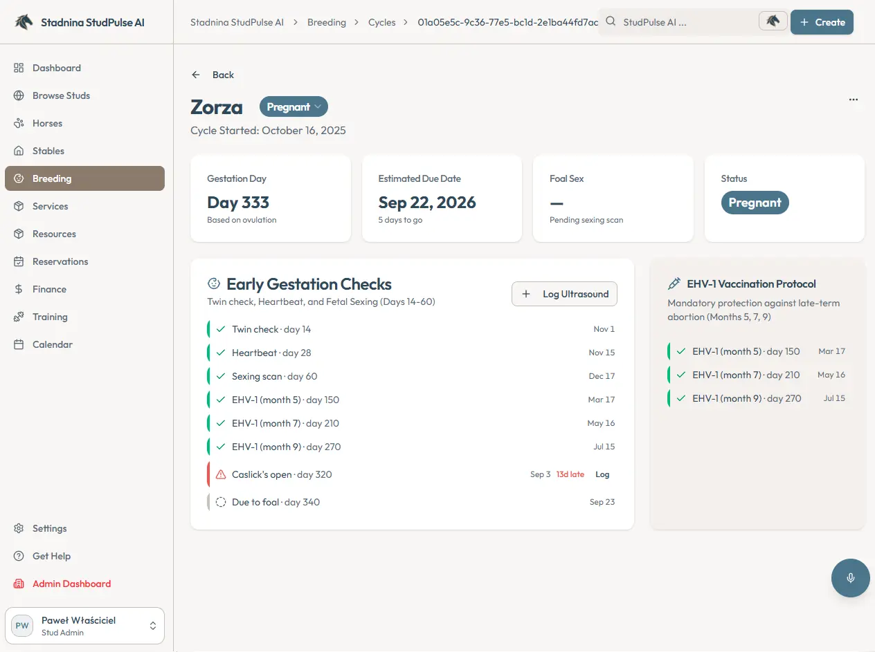 A single mare's cycle page, showing gestation day 333, the estimated due date, foal sex still pending a scan and the pregnancy status, beside her early gestation checks and the EHV-1 vaccination protocol with the date each dose was given.