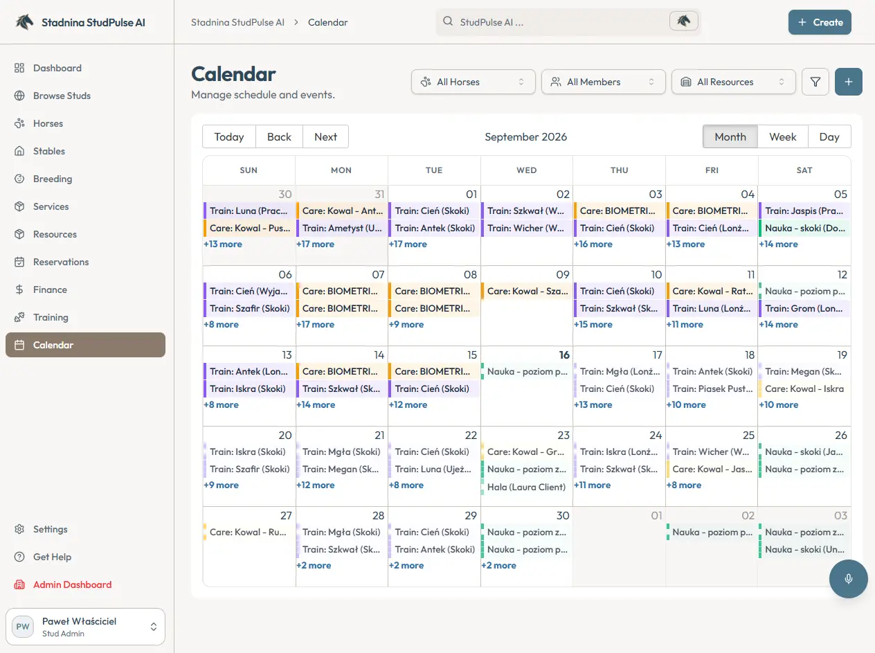 The StudPulse calendar in month view, each day carrying its training sessions, care visits and lessons as coloured entries with a count of the rest, above filters for horse, member and resource.