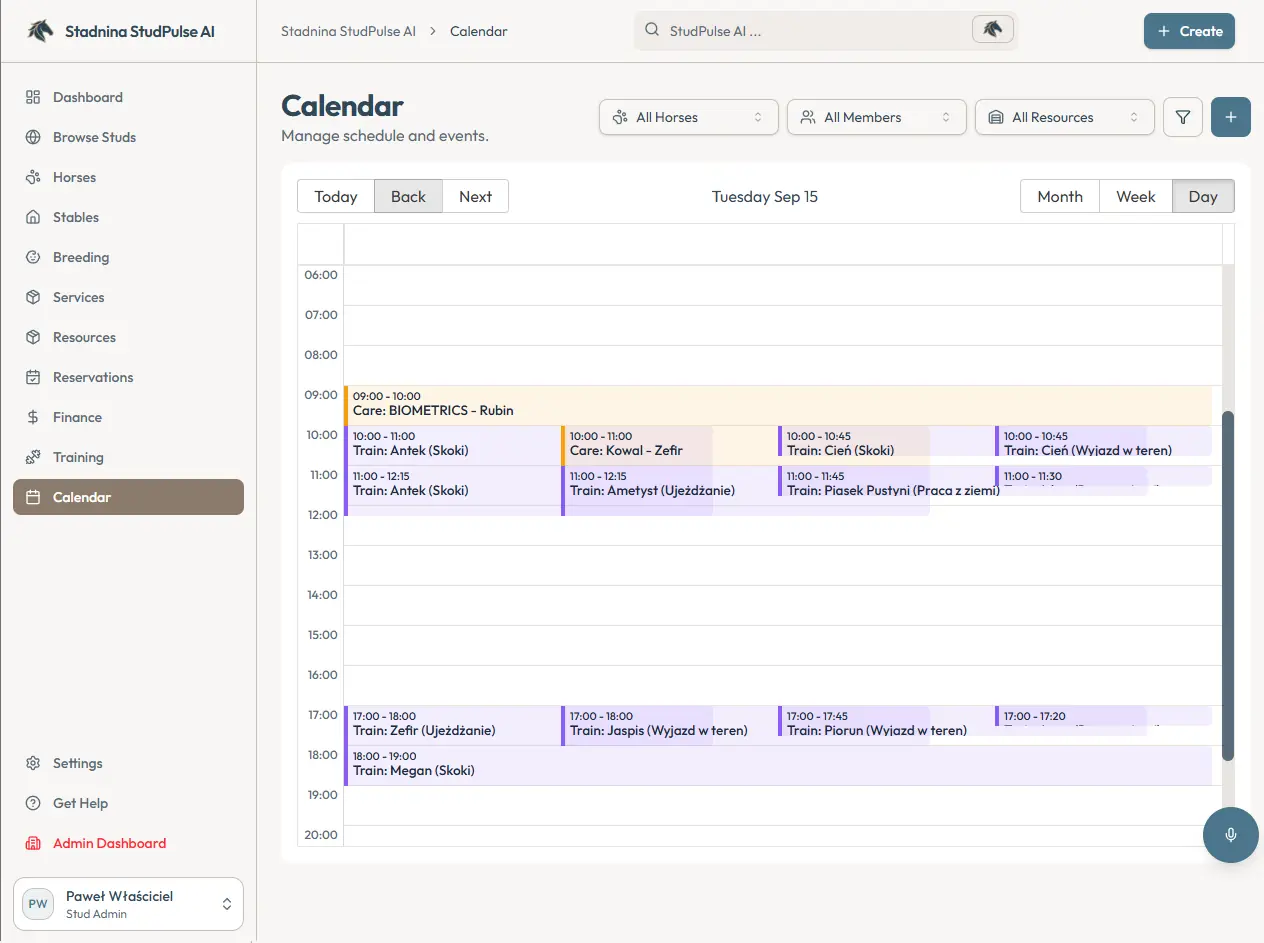 The calendar in day view, showing a single day from six in the morning to eight in the evening with training sessions and care visits laid out in parallel columns, so overlapping bookings are visible at a glance.