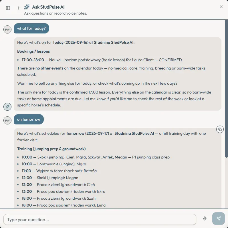 The Ask StudPulse AI panel answering "what for today?" with the day's one confirmed lesson and a note that nothing else is scheduled, then answering "on tomorrow" with a full training day listed hour by hour, each line naming the horses and the type of work.