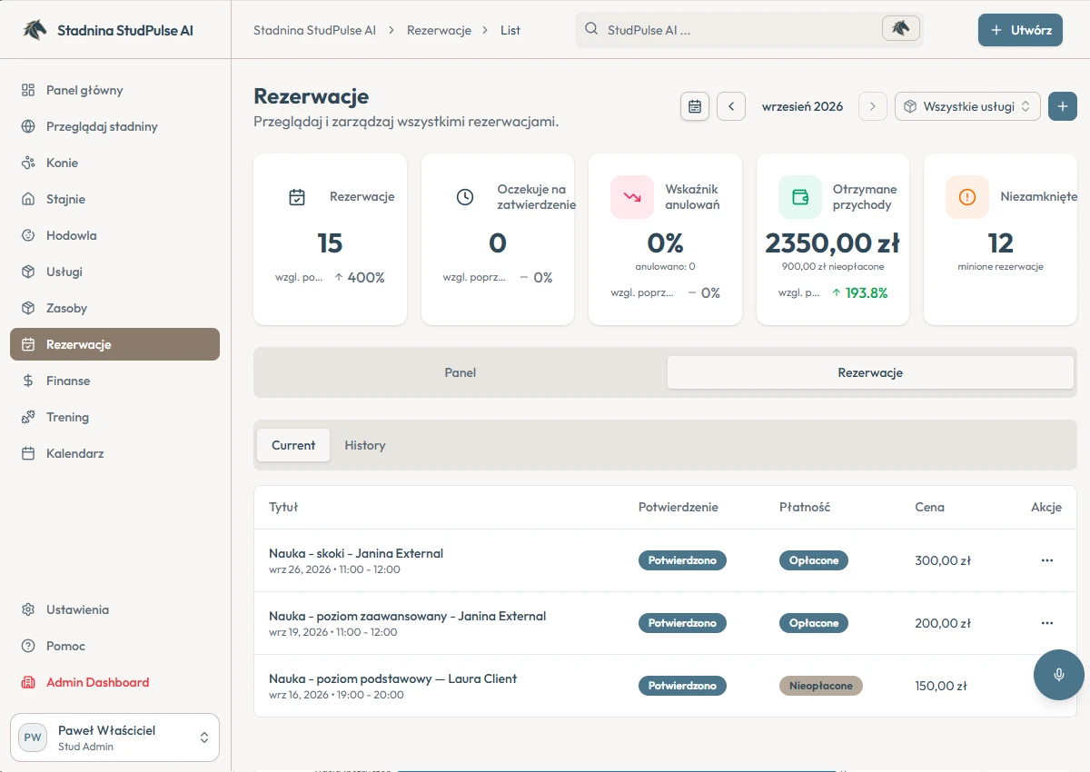 Lista rezerwacji StudPulse — w każdym wierszu usługa i klient, data i godzina, potwierdzenie, status płatności i cena.